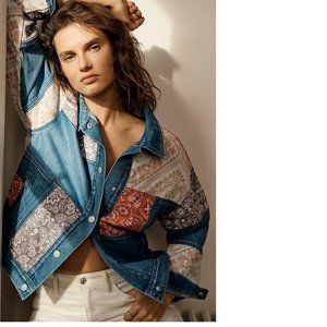 NWOT Anthropologie Patchwork Denim Utility Jacket in Blue, Red, White